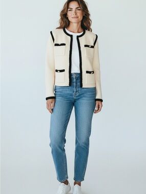 Endless Rose Cream Bouclé Cardigan with Black Trim